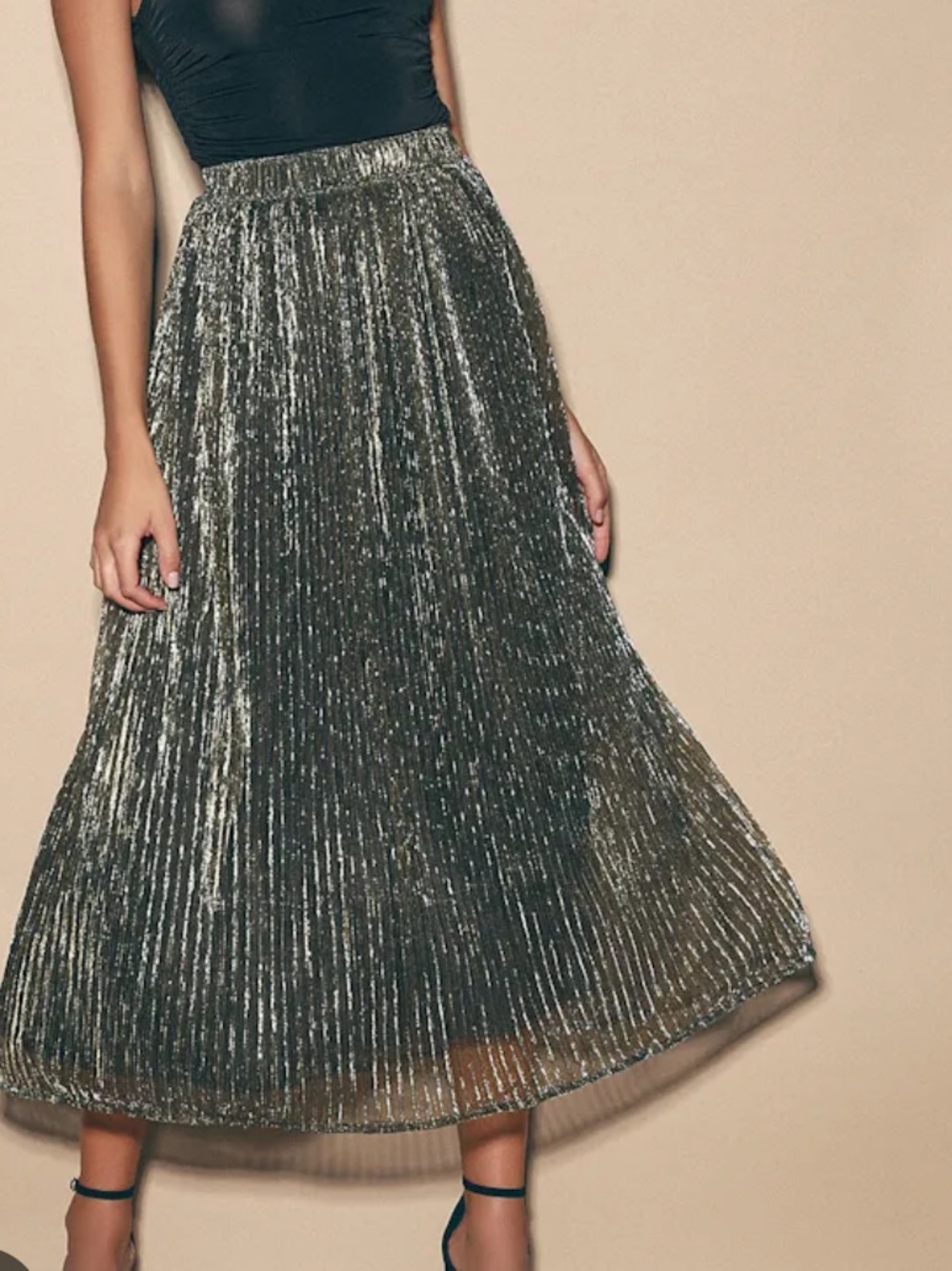 NWT For Love & Lemons Silver Metallic Pleated Midi Skirt size large